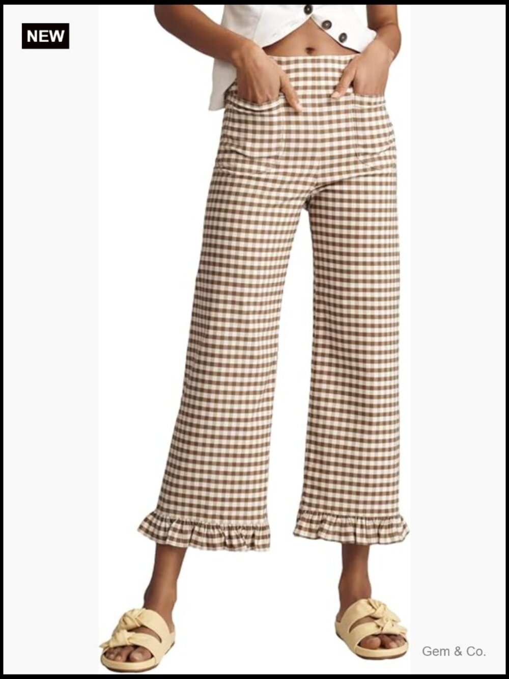 Gingham Pants Elastic Waist Straight Leg Ruffle Hem Stretchy Cropped Trousers